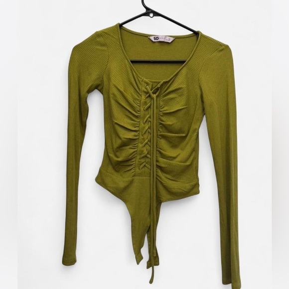 SO Tops - NWT Olive SO XS fairy goblin ribbed 90s long sleeve lace front bodysuit